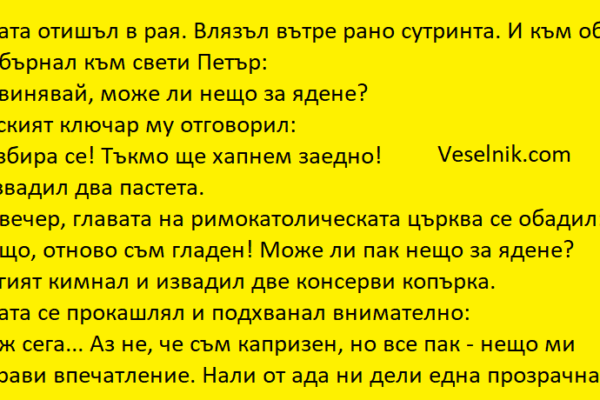 Папата отишъл в рая. Влязъл вътре рано сутринта папа