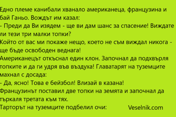 Едно племе канибали хванало американеца, французина и бай Ганьо топки